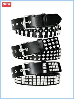 3 Pcs Studded Faux Leather Belt Set Y2K Goth Punk Metal Buckle Belts